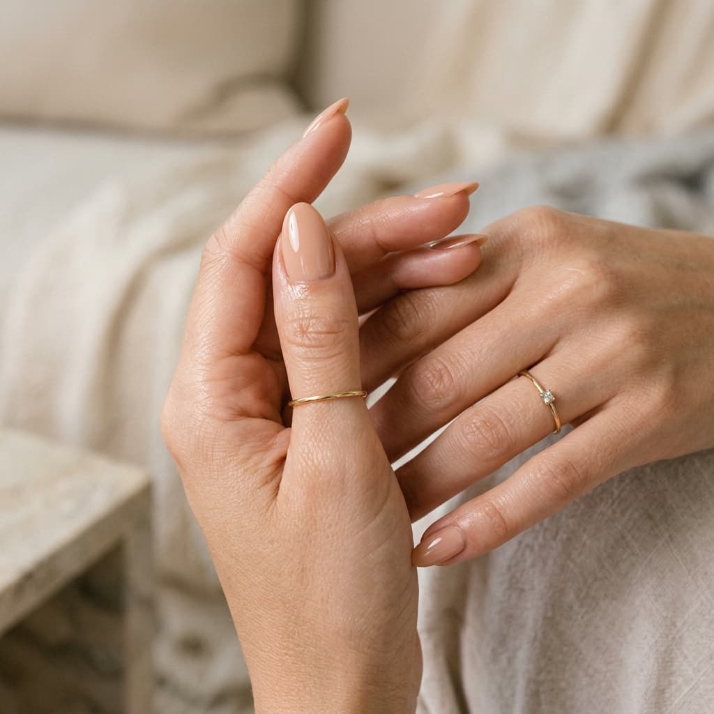 Soft close-up of structured gel manicure with neutral peach finish